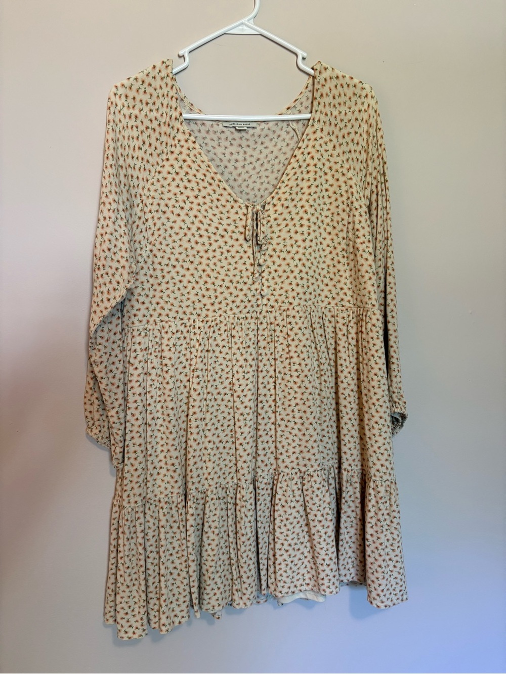 American Eagle Outfitters Cream Floral Tiered Long Sleeve Dress